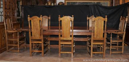 English Oak Refectory Table Set William Mary Farmhouse Chairs